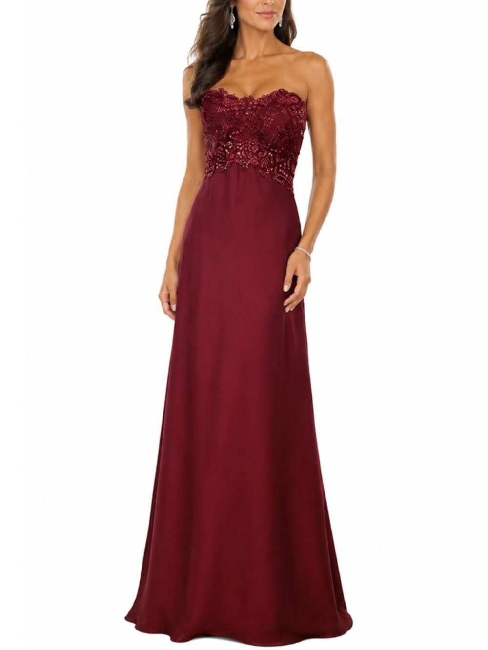 Montage Mon Cheri Burgundy Beaded Lace Strapless Formal Gown